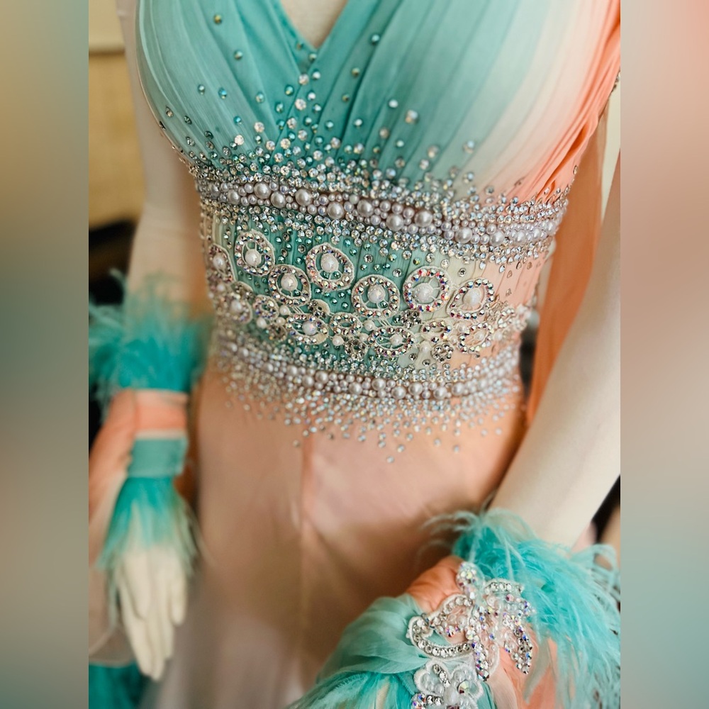 Ballroom Standart Competition Dance dress size S Peach and Teal - Picture 7 of 10